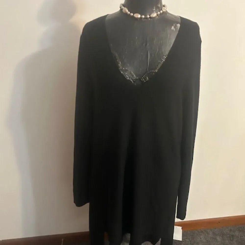 Eileen Fisher Black Extra Fine Wool knit V-neck Hi/Lo dress, size XL